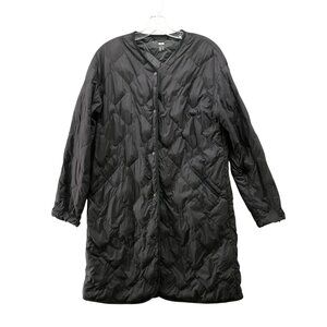 Uniqlo Ultra Light Down Relaxed Coat Womens M Black Long Quilted Snap Button